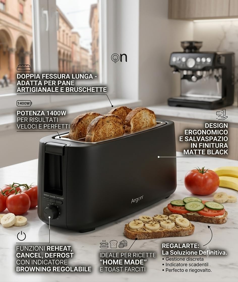 Tostapane Doppia Fessura Lunga 1400W Nero Opaco – 2 Slot Extra Lunghi con Funzione Scongelamento, Riscaldamento e Controllo Doratura – Vassoio Raccoglibriciole Estraibile