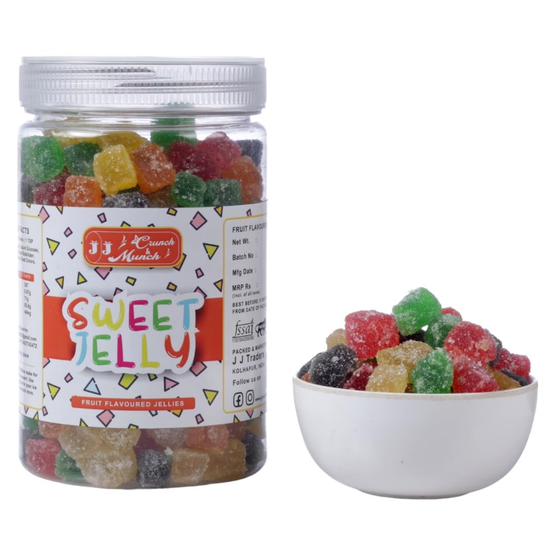 J J crunch N munch Sweet Jelly Candy Pack, Flavoured Sugar Jelly (350 Gram) Jar, Sugar Coated Sweet Fruits Candy.