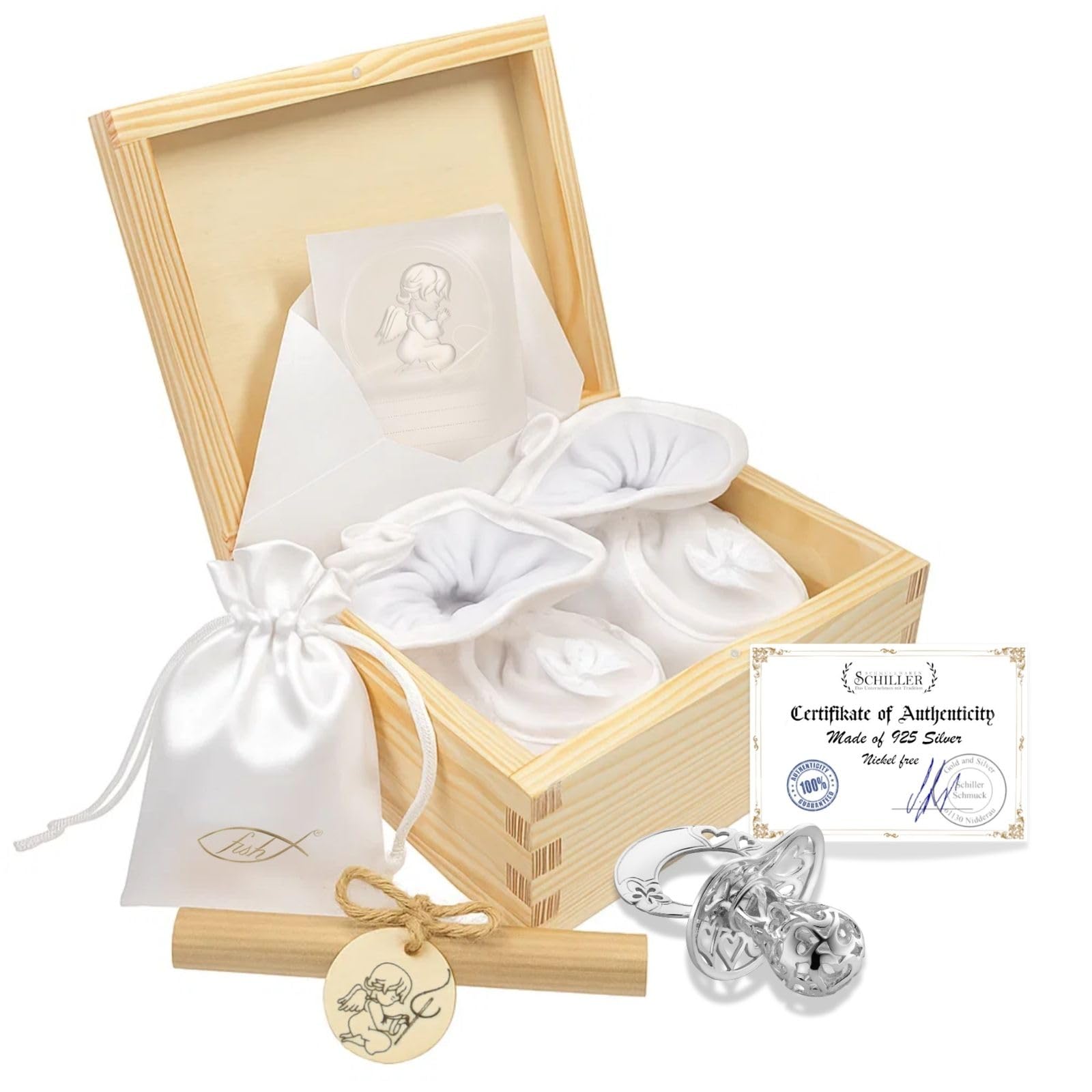 fish Erinnerungsset Aus Silber 925 Mit Baby Schnuller Schuhe Und Holzschatulle