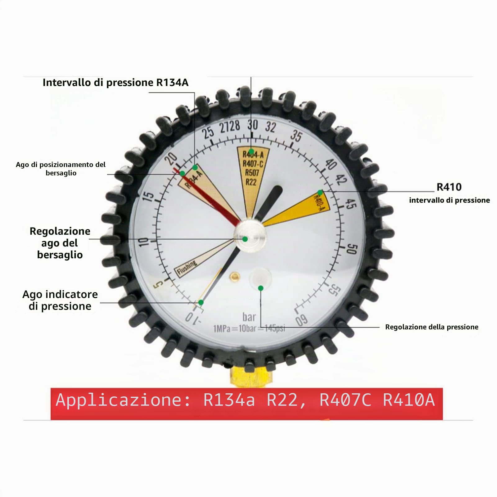 Manometro per Refrigerazione e Aria Condizionata con Valvola Sferica, Test Pressione Azoto, Compatibile R134a R22 R407C R410A, 1/4 Pollice, -1~60 Bar, 80mm
