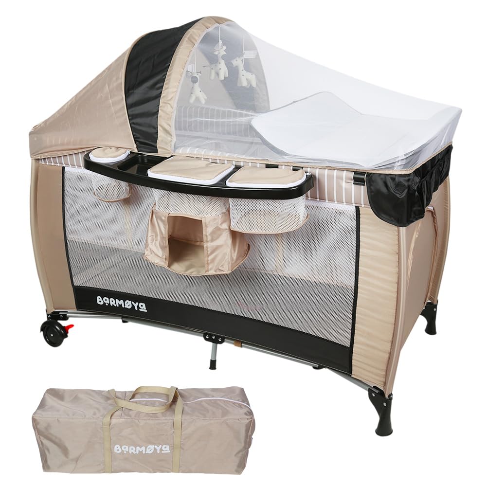 3-in-1 Baby-Reisebett mit Wickelauflage – Reisebett, Laufstall & Beistellbett, höhenverstellbar, Moskitonetz & Sonnendach, faltbar inkl. Tragetasche (Beige)