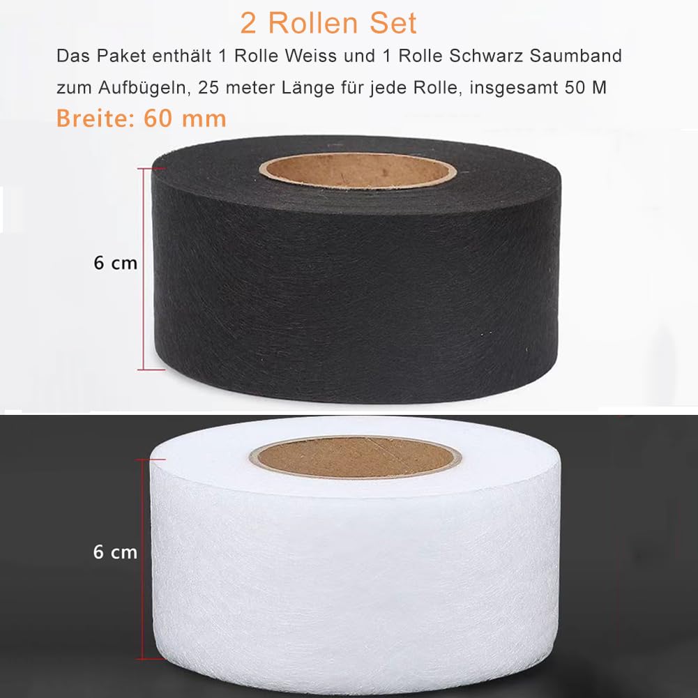 Nastro termoadesivo da applicare con il ferro da stiro, bianco, nero, 25 m, larghezza 60 mm, per riparare tessuti, tende, pantaloni, vestiti, Iron on (50 M-6 cm)