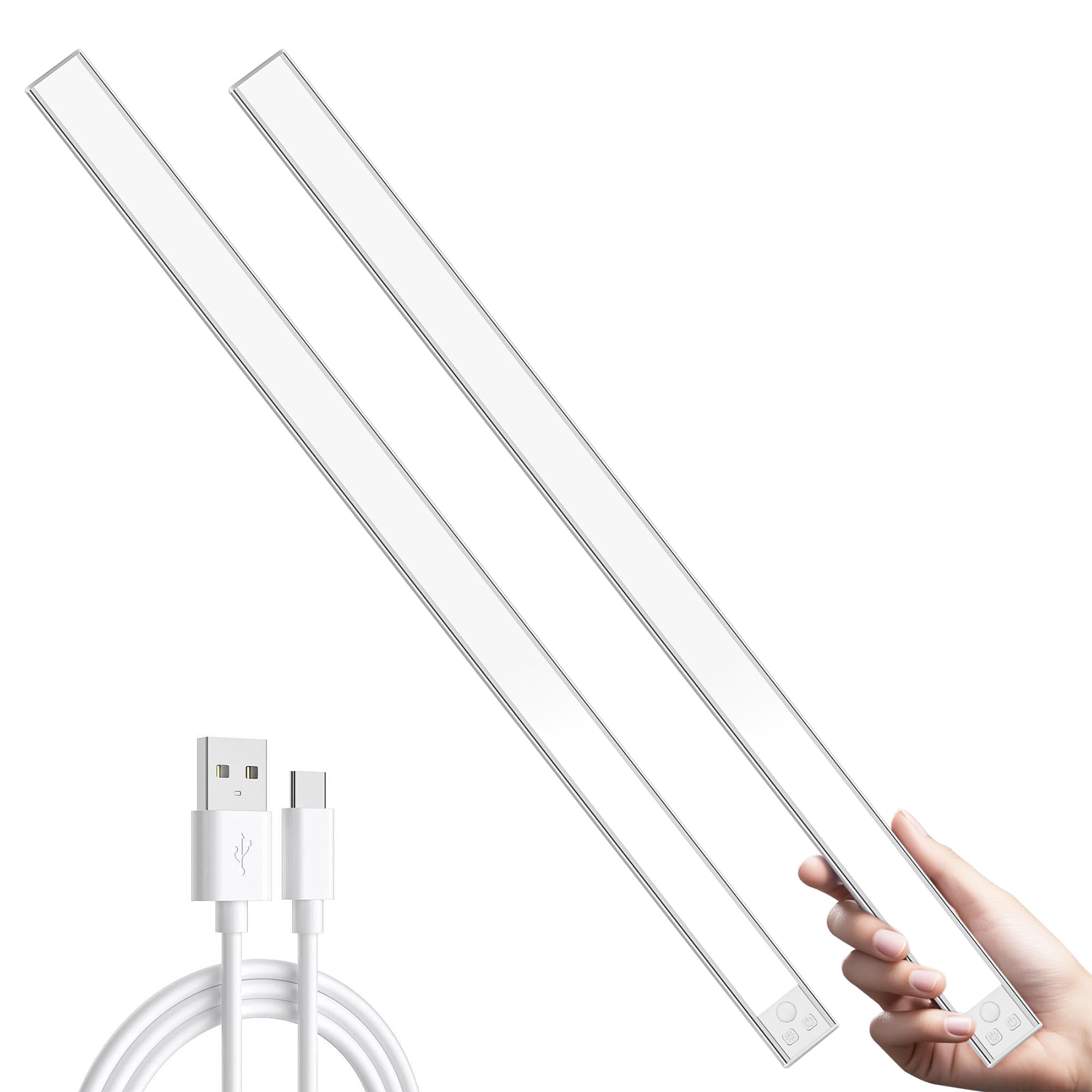 Ylatoial Under Cupboard Kitchen Lights, 2 Pack 60cm 5000mAh 3 Color Temperature Dimmable Rechargeable Magnetic LED Motion Sensor Lights Indoor for Cabinet
