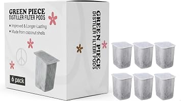 Green Piece カウンタートップ水蒸留器用フィルターポッド – 6個パック 6か月分 – ココナッツシェル活性炭 – フッ化物、塩素、VOCを除去 – 長持ちする蒸留器フィルター交換用