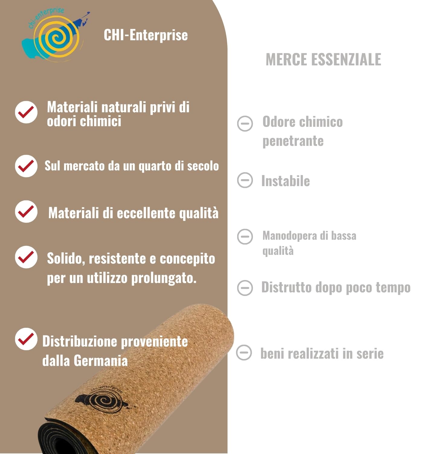 Tappetino yoga sughero antiscivolo 6 mm Ecologico TPE per Pilates Fitness 183x60 cm superficie naturale Resistente e Lavabile Ideale per casa palestra mindfulness - chi-enterprise