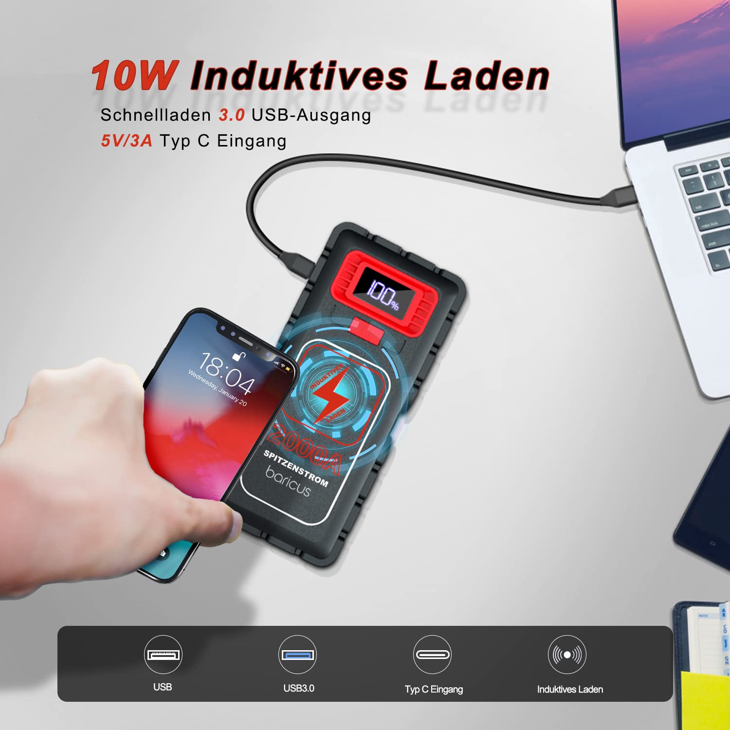 Baricus Powerbank 16000mAh Starthilfe Auto 12V Wireless Charger – B-Ware | 16000 mAh · 2000 A Spitze · Wireless Charging · 12V Starthilfe