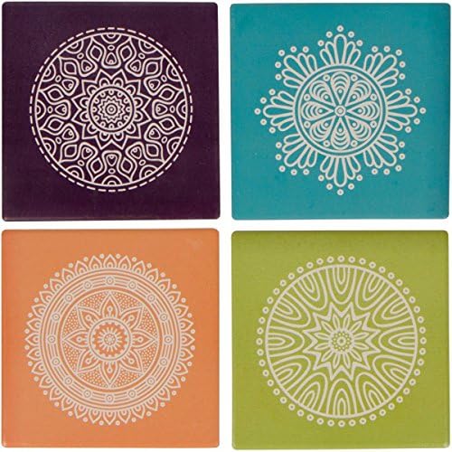 Planet EthnicPlanet Ethnic Colorful Mandala Circles Designer Ceramic Coaster Set (4 Coasters, Each Almost 4 X 4 inches) with Matching Wooden Coaster Holder.