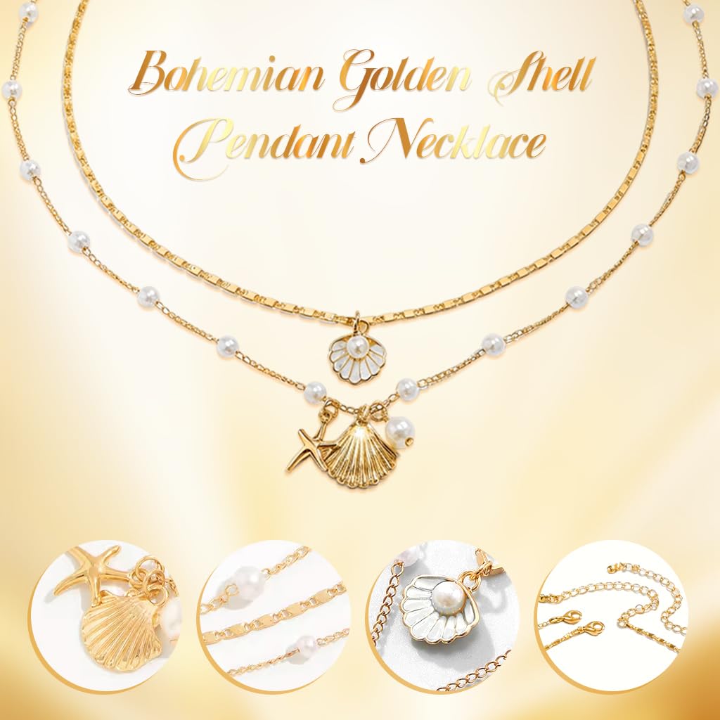 SANNIDHI® Necklace for Women Girls 2Pcs Boho Gold Seashell Pendant Necklaces Layered Pearl Starfish Necklace Chains Beach Jewelry Gift Item for Women 4