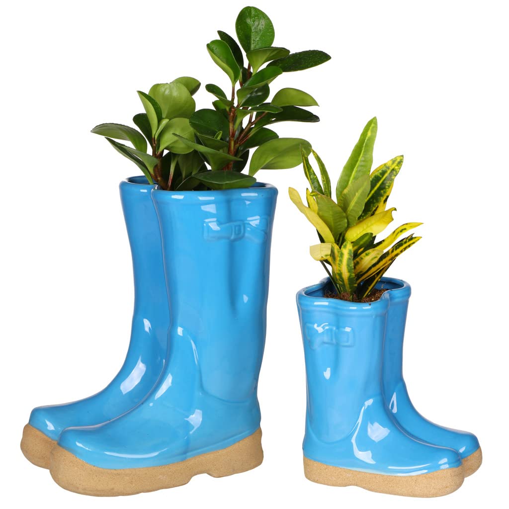 Dibor Set of 2 Flower Pot Planters - Small & Large Wellington Boot Plant Pot Fathers Day Gardening Gift Set (Light Blue) โ image 1