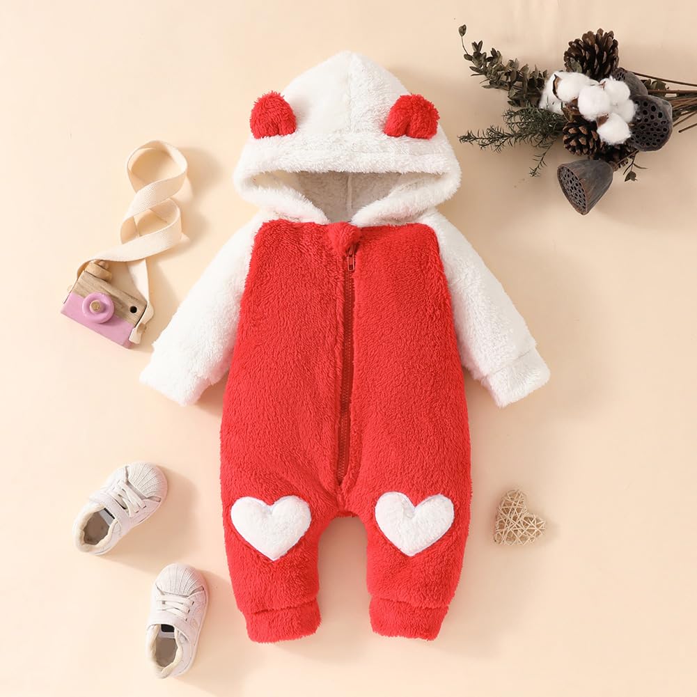 Surakey Baby Fleece Jumpsuits Infant Bear Ear Snowsuit Newborn Hooded Romper Warm Coat Fleece Lined Onesie Outfits Red 9-12 Months