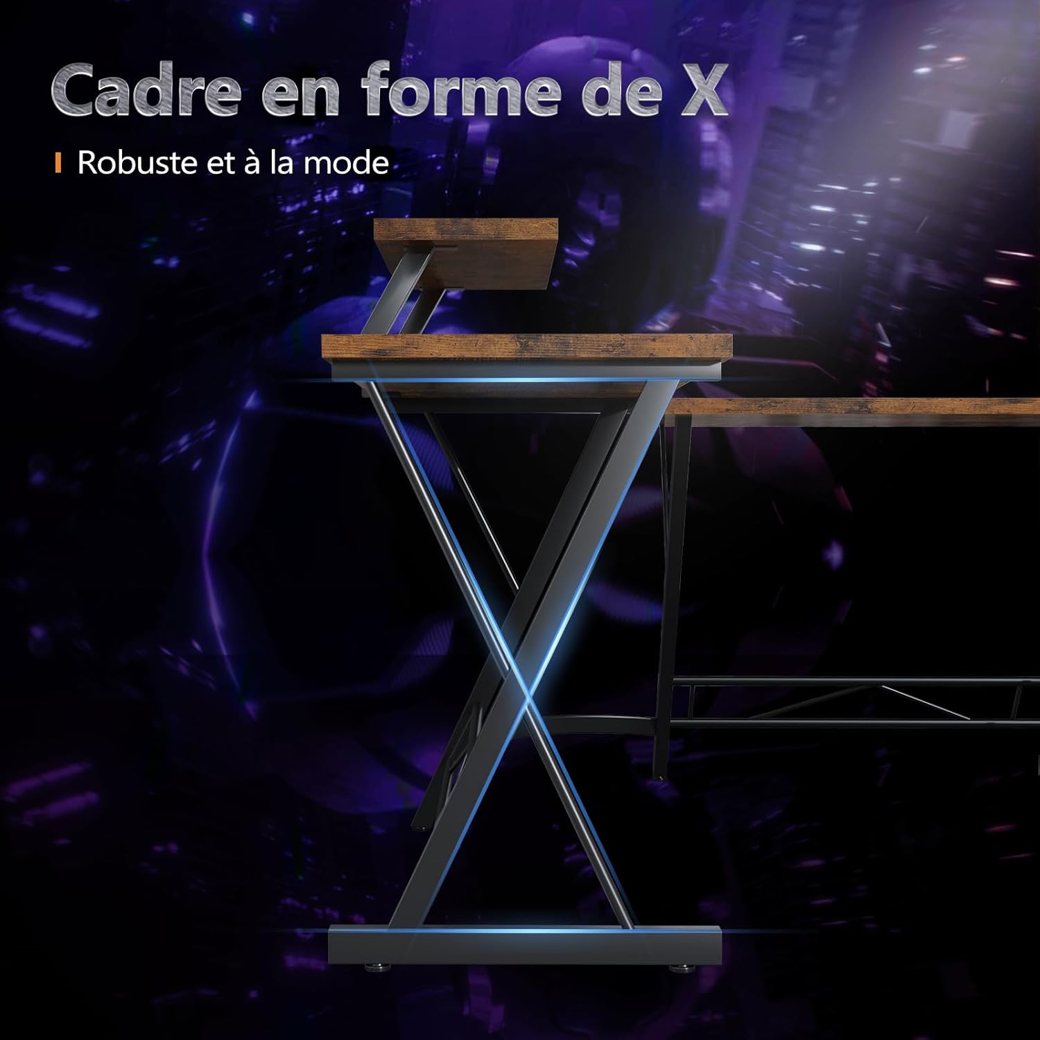 Close-up of the X-shaped metal frame design of the ODK desk, highlighting its robust construction.