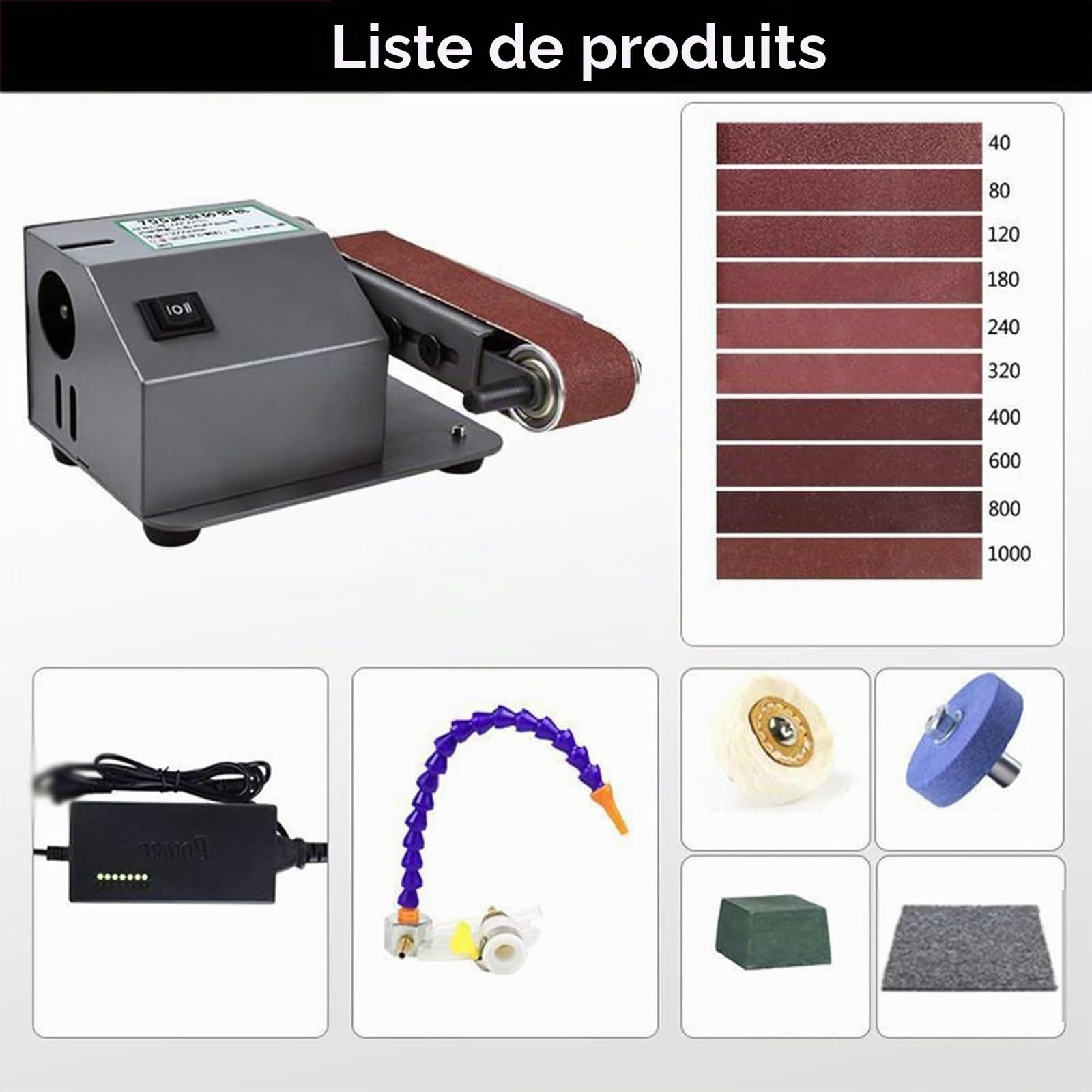 Ponceuse à bande humide, mini affûteuse de couteaux électrique 350 W avec vitesse réglable, 10 bandes abrasives, meuleuse d'établi pour couteau, système d'affûtage humide et sec, machine de polissage