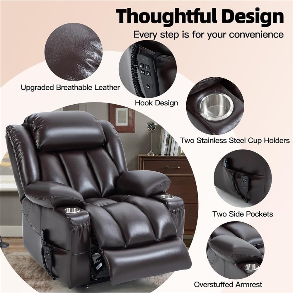 Large Breathable Leather Dual Motor Power Lift Chair, Lay Flat Recliner Chair, Electric Recliner with Massage and Heat for Elderly, Remote Control, Infinite Position, Standing Assistance, USB Ports