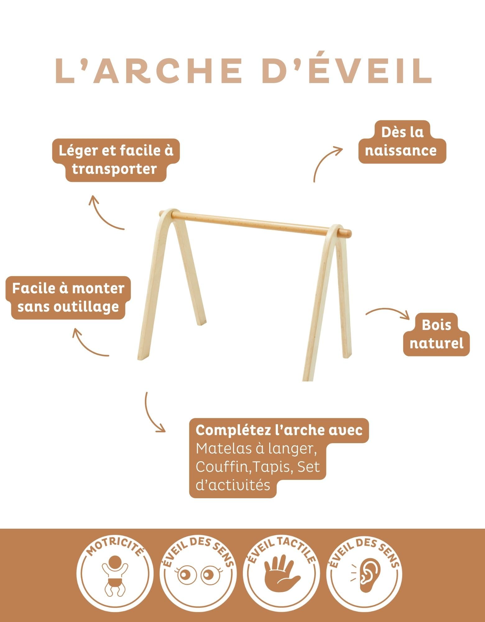 NOUKIE’S – Arche d’éveil en bois naturel – Facile à monter et à transporter – Stimule les sens dès la naissance jusqu’à 6 mois – Idéal avec tapis ou couffin – Set d’activités vendu séparément
