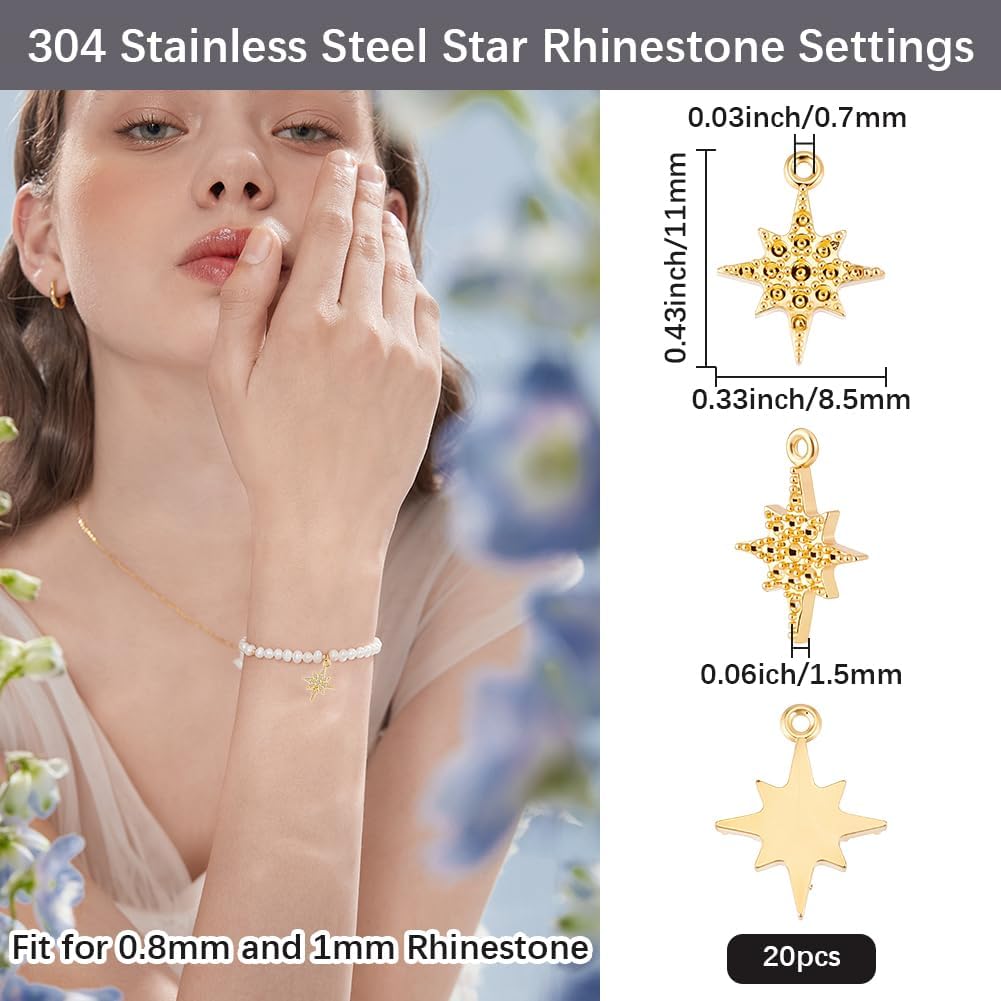 Beebeecraft 20Pcs Star Charms for Jewelry Making, Golden 304 Stainless Steel Metal Rhinestone Setting North Star Charms 8 Pointed for DIY Crafts Pendant Necklace Bracelet