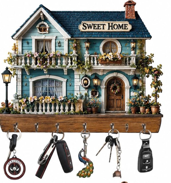 Image of Sweet Home Key Holder for Wall with 6 Hooks | Wooden House Shape Key Stand | Decorative Wall Mounted Key Hanger for Home Entrance, Living Room, Office & Gifts (25 x 25 cm)
