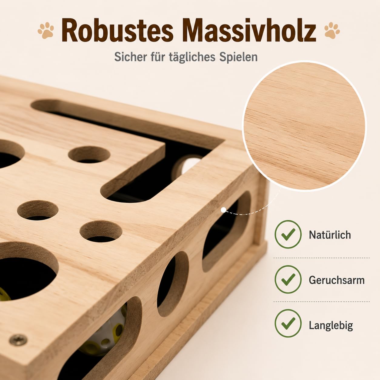 Taichaeu 2-in-1 Katzen Kratzspielzeug mit Intelligenzspiel & Krallenpflege - Interaktive Nagelfeilen, Katzen Krallenpflege beim Spielen, Katzen Kratzbrett aus Holz - 3 Glockenbällen & Federstab