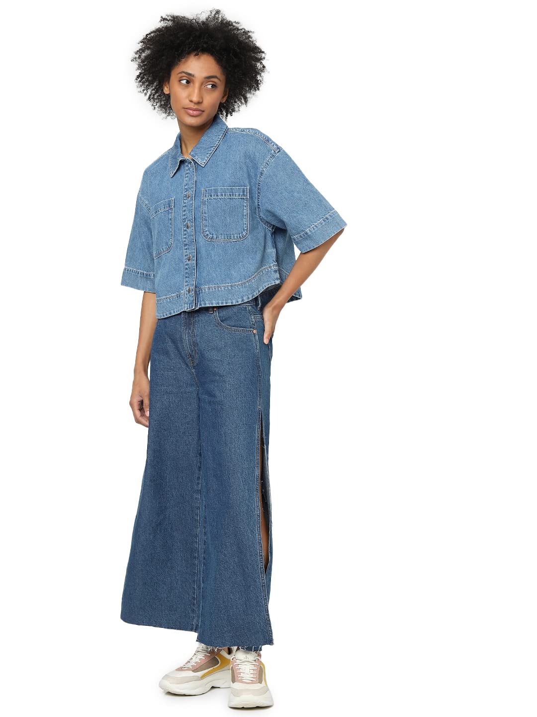 Only, Damen, Hemden, Cropped Fit Jeanshemd, Blau, (XL)