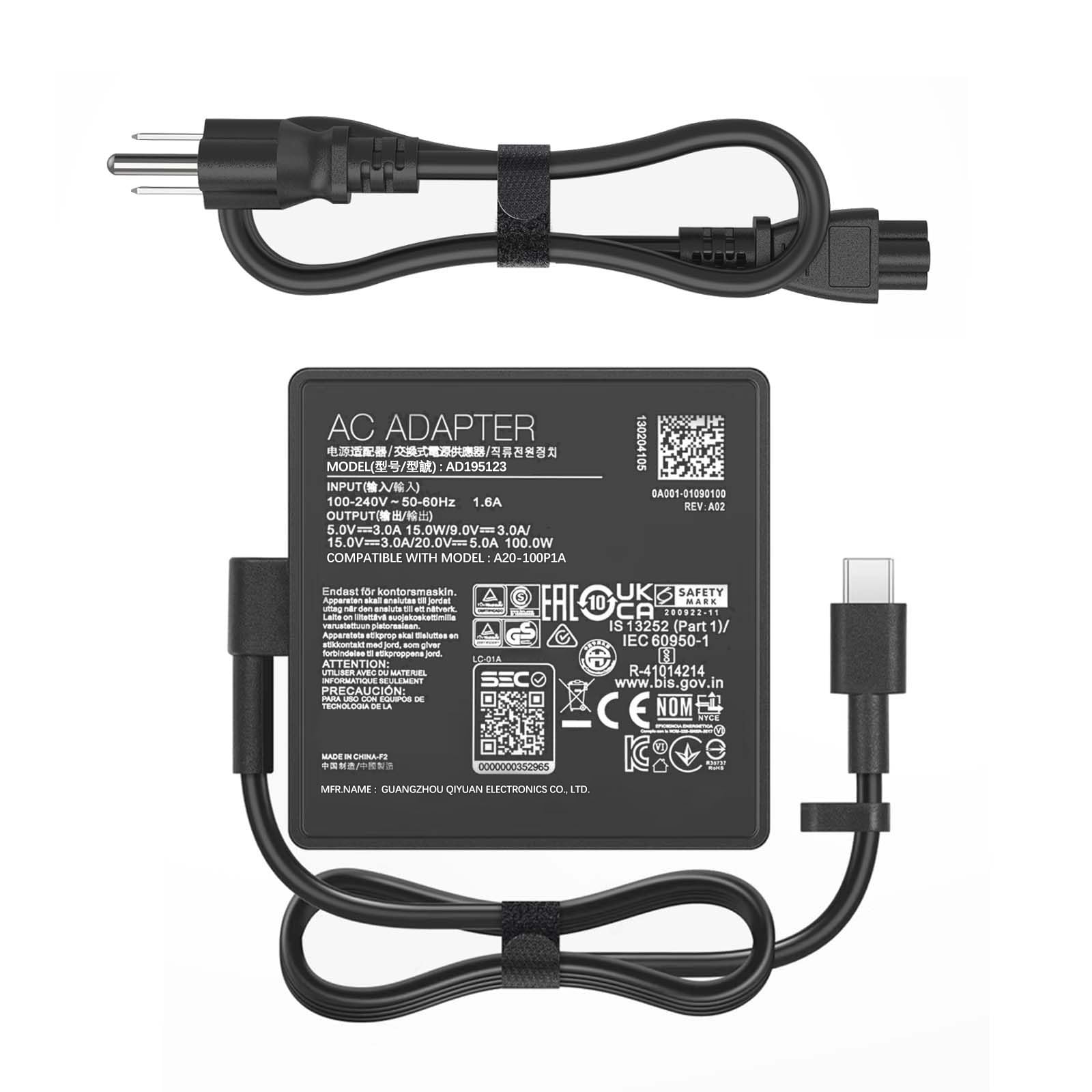 Photo 1 of 100W USB-C AC Adapter Charger Compatible with ROG Flow X13 GV301 GV302, Flow Z13 GZ301, Flow X16 GV601, Zephyrus G14 G16, Zenbook Pro 14 Duo OLED, USB-C PD 3.0 Power Cord, Model A20-100P1A / AC100-00