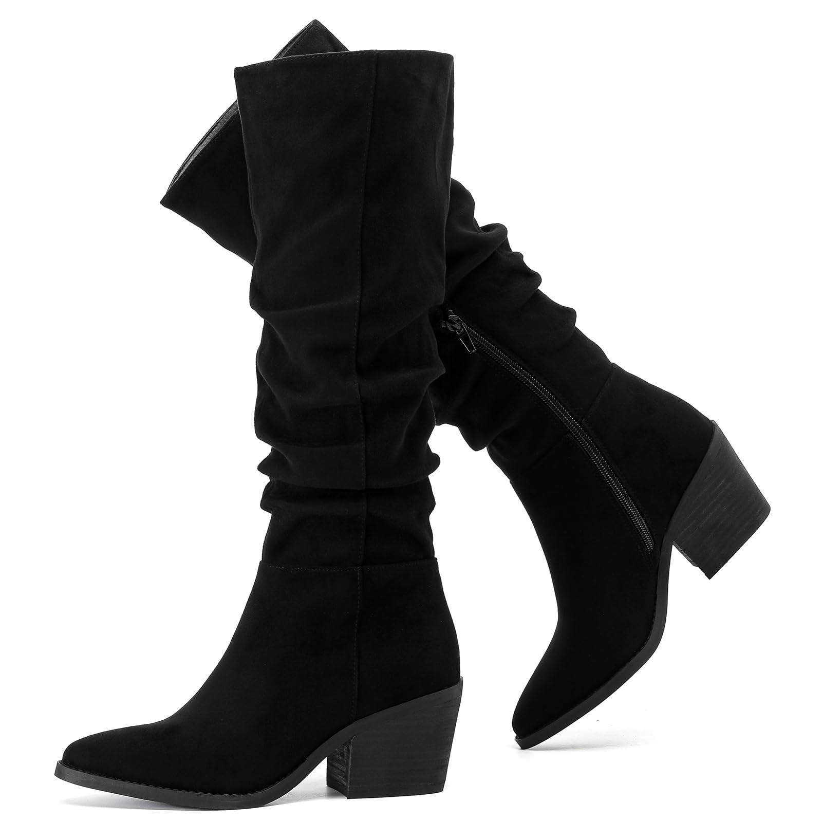 Womens Knee High Boots Wide Calf Chunky Block Low Heel and Slouchy Pointed Toe Winter Long Boots for