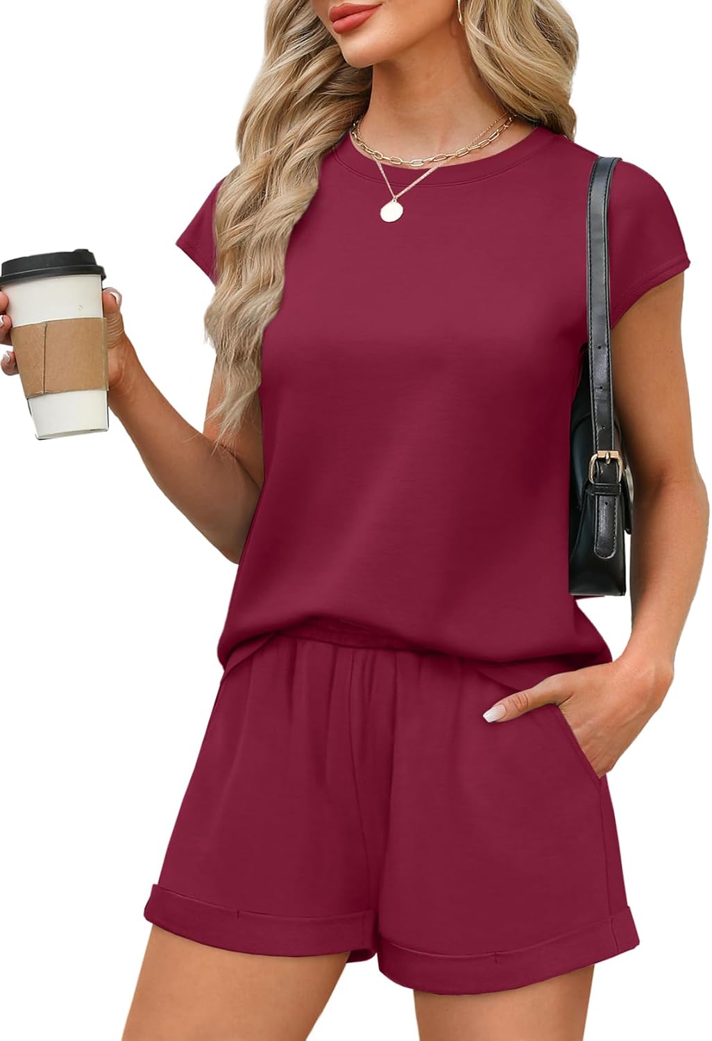 WIHOLL 2 Piece Sets for Women Casual Summer Travel Vacation Outfits Cap Sleeve Shorts Lounge Set