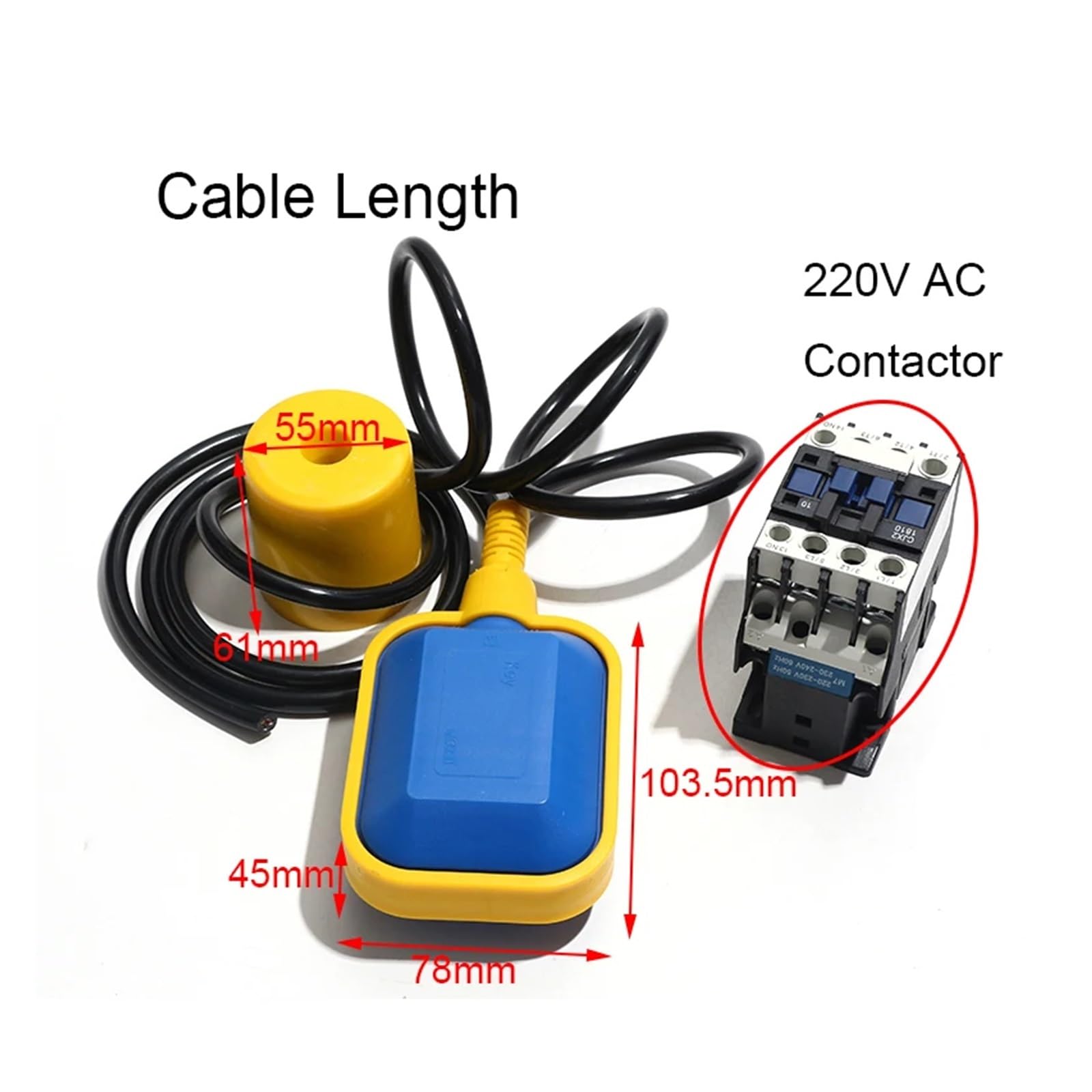 Interruptor de flotador con cable Interruptor de bola flotante de plástico, controlador de nivel de agua, Control automático de tanque de torre, Contactor de CA de 220V, 1 ud.(5M x Contactor)