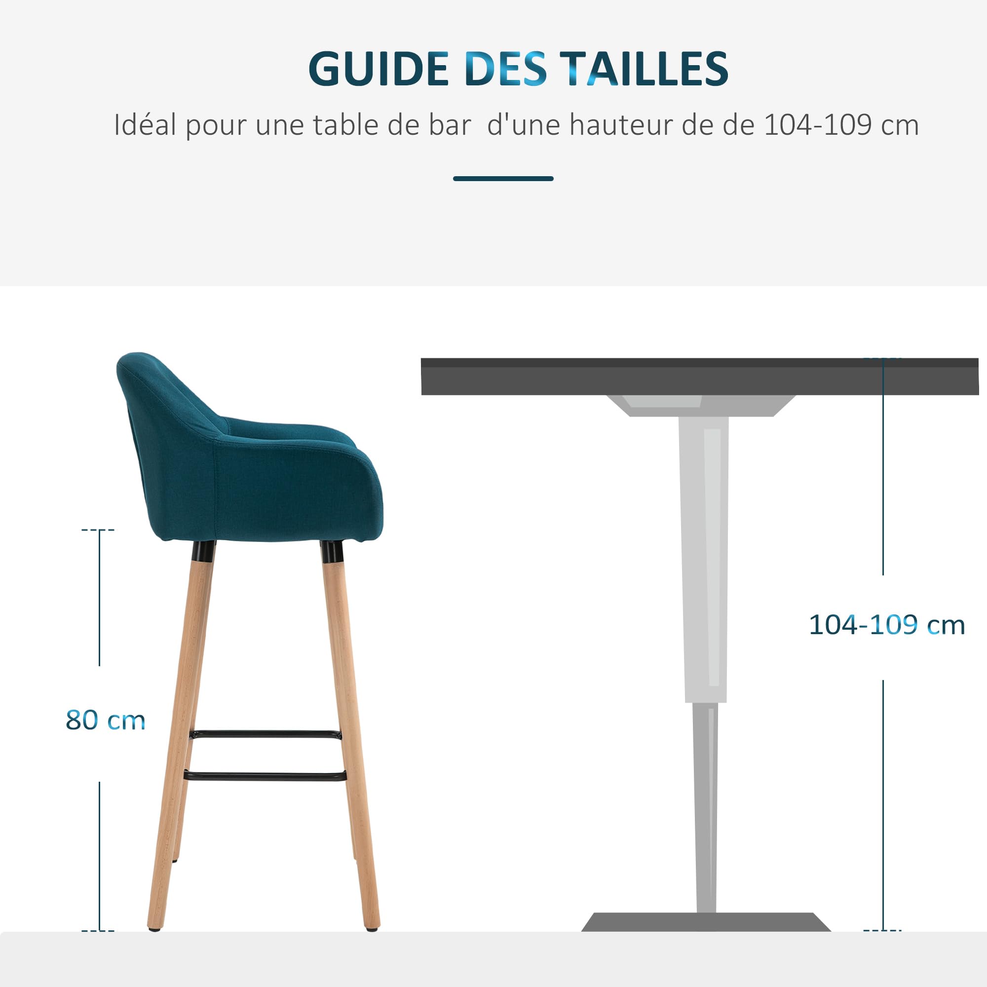 HOMCOM Lot de 2 Tabourets de Bar Chaise de Bar Accoudoirs Bleu