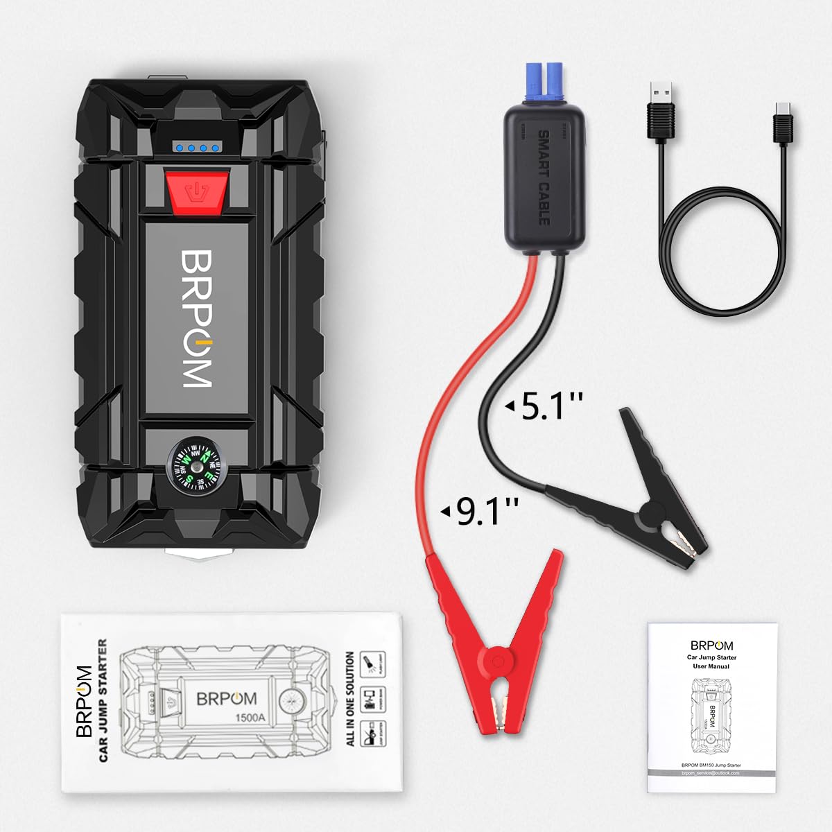 BRPOM - Arrancador de batería de coche, 3000 A, arrancador de emergencia para coche/moto (motores de gasolina de hasta 7,0 l o motores diésel de 5,5 l), linterna led, puerto USB para smartphone