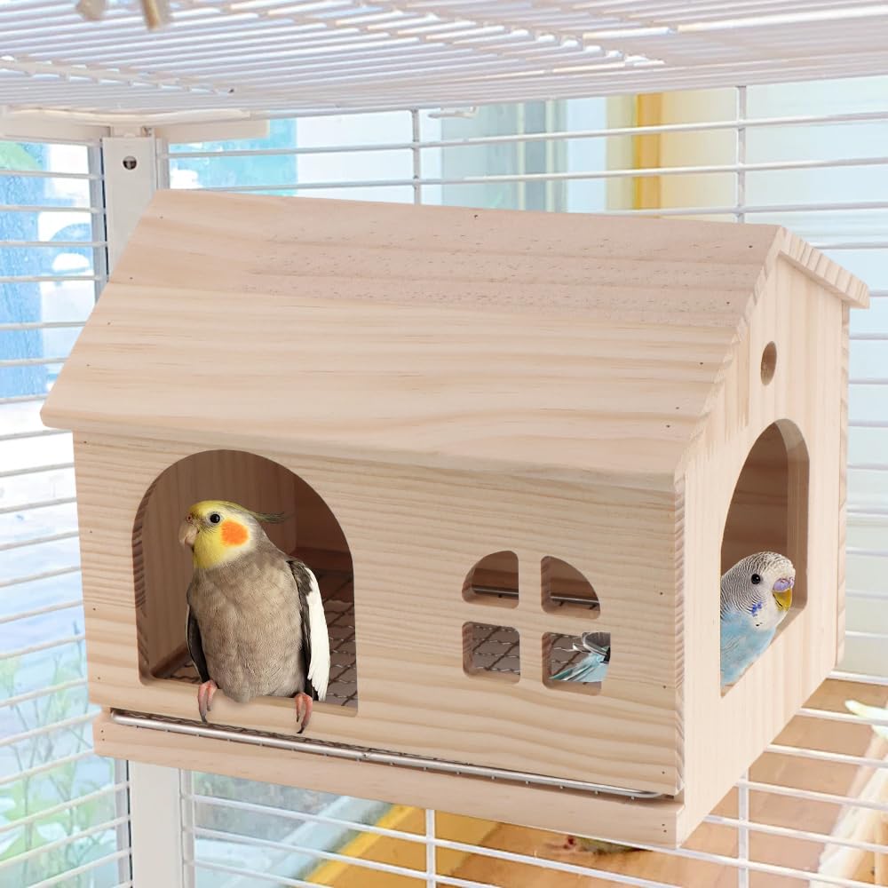 Nido per uccelli in legno per gabbie per piccoli uccelli, pappagalli, parrocchetti, calopsitte, parrocchetti, conuri, inseparabili, fringuelli (con rete inferiore in acciaio inossidabile)