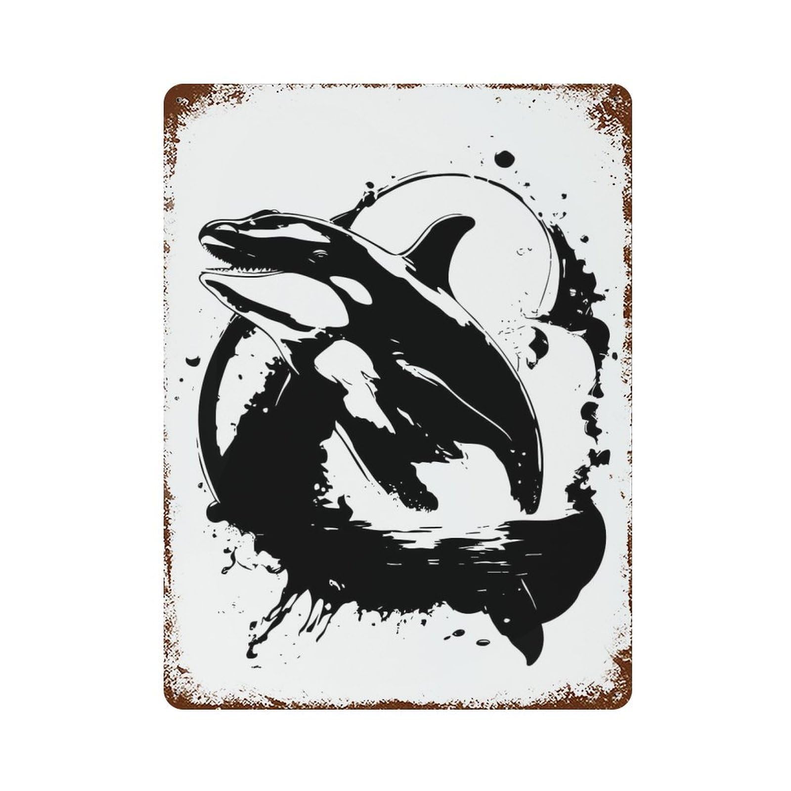 Orca Whale Black And White Illustration Vintage Wall Sign 15.7"x11.8", Rust Effect Metal Decor for Office, Studio And Wall Decor