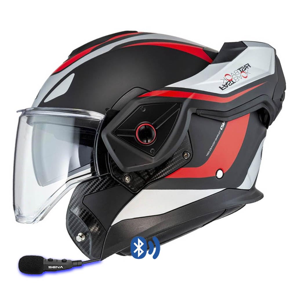 NZI Fastback Duo Designed Summum Negro Mate Rojo Intercom Sena - Casco de Moto Modular Abatible Bluetooth Integrado con Visor Solar - Unisex Hombre y Mujer - Homologado P/J ECE 22.06