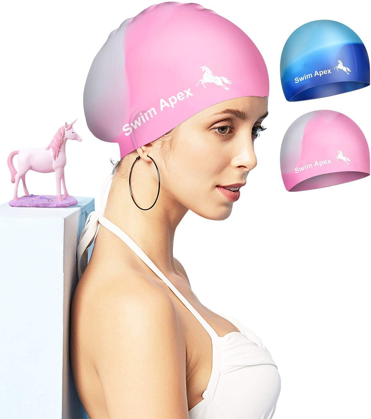 Silicone Swim Cap 2 Pack for Long Hair Women Waterproof Bathing Pool Swimming Cap Cover Ears to Keep Your Hair Dry,3D Soft Stretchable Durable and Anti-Slip,Spacious, Easy to Put On and Off