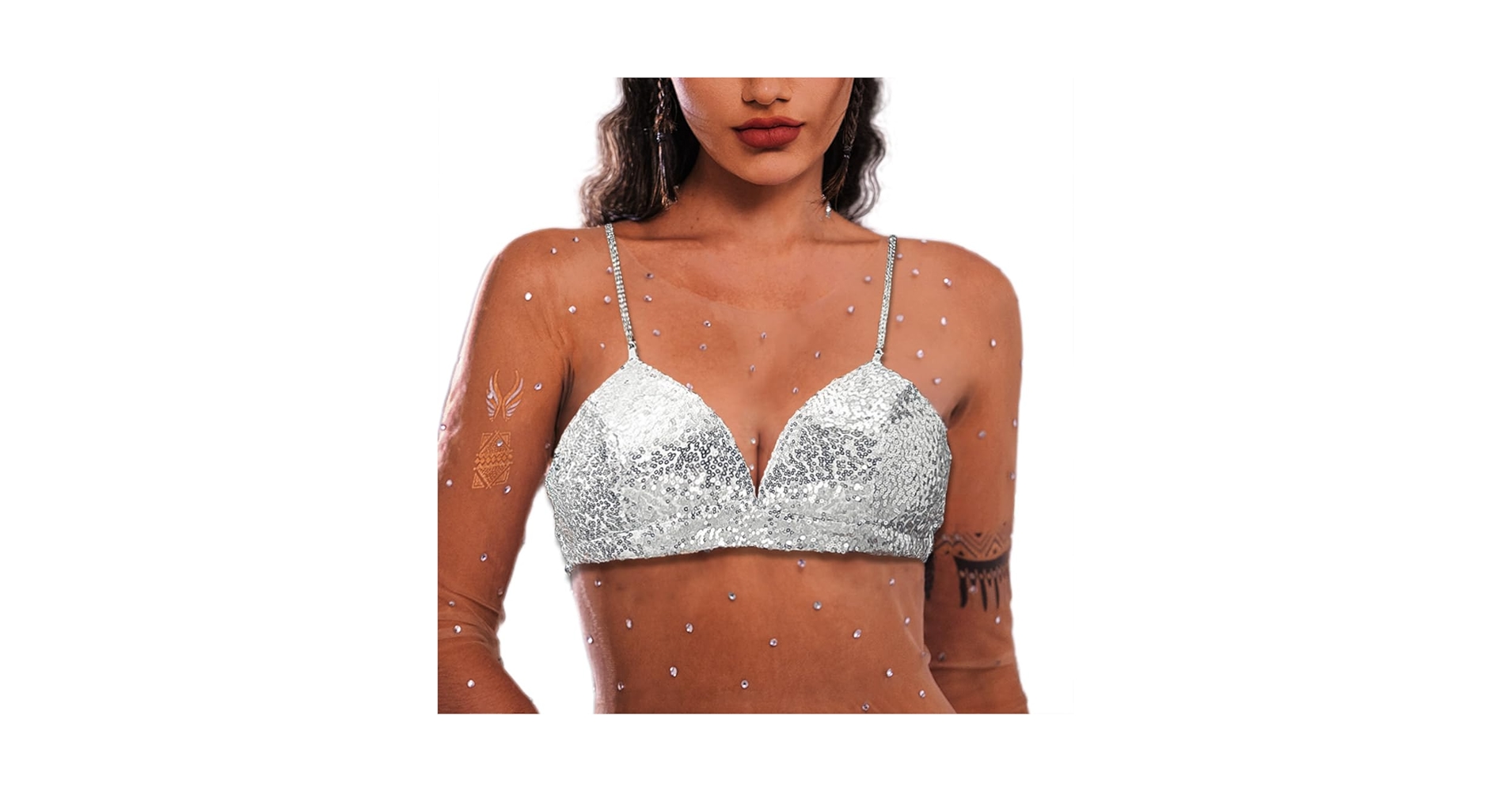 LUDRESS Sequins Sexy Tank Sleeveless Tie up Bra Glitter Crop