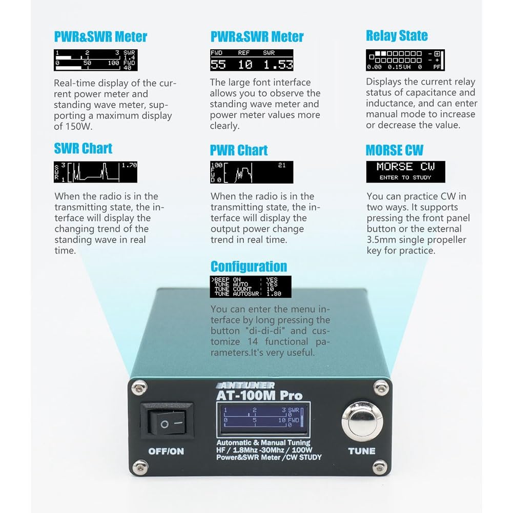Antuner AT-100M Pro 100W 1.8MHz-30MHz ATU-100M Sintonizador de Antena QRP CóDigo Morse Medidor SWR Medidor de Potencia para Radio HF