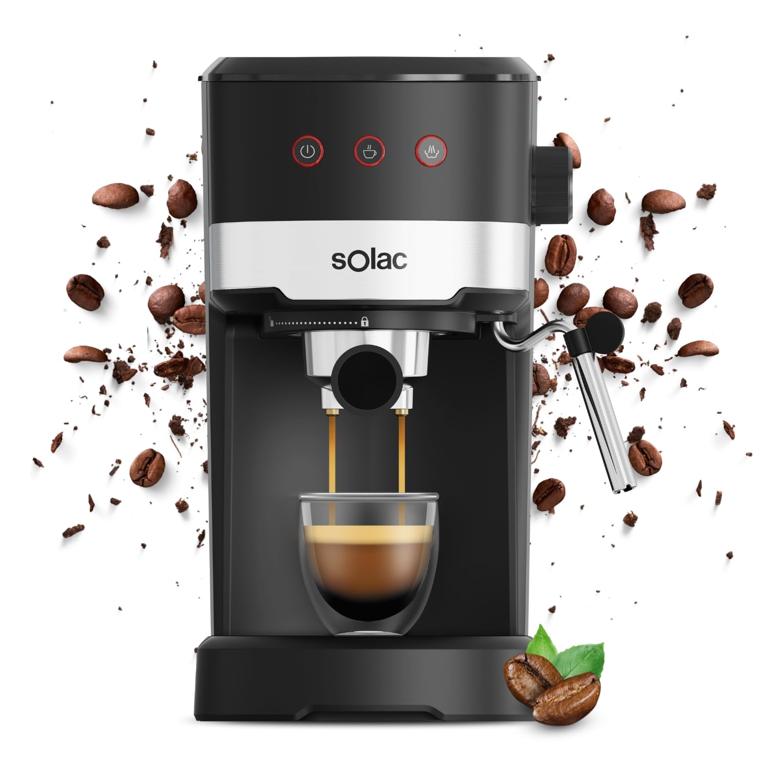 Solac Taste Slim Basic 1100W - Cafetera 20 Bar| Espresso o Capuccino en Casa| Vaporizador Orientable, Espuma Leche| 1-2 Cafés| Molido o monodosis| Calienta líquidos| Compacta 16x31x30