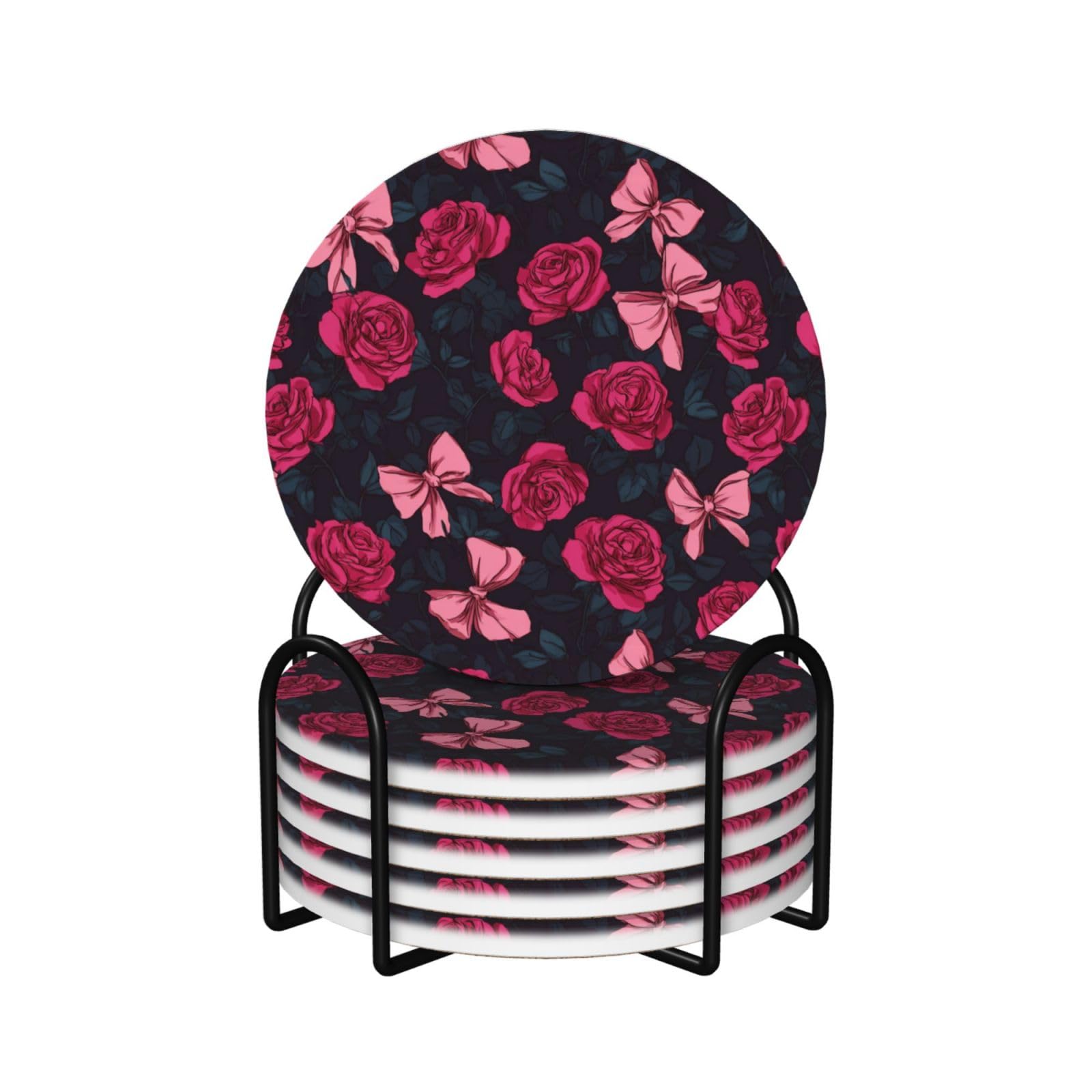 Roses Pink Bows Ceramic Coasters with Holder 6ps