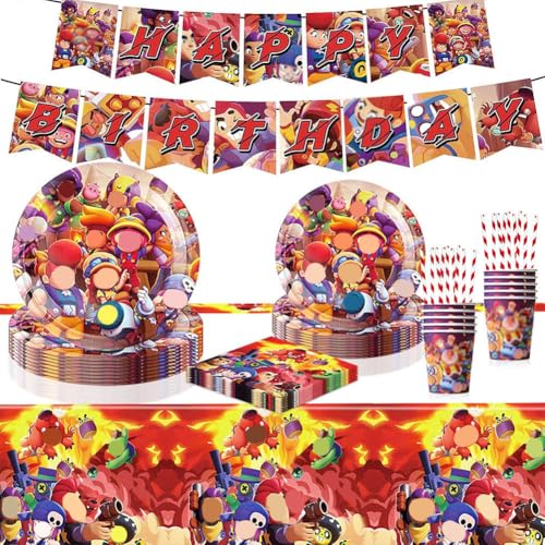 ZGCXRTO 62 Piezas Brawl Wilderness Decoracion Cumpleaños Vajilla Fiesta, Juego De Vajilla De Cumpleaños Con Dibujos Animados Para 10 Personas