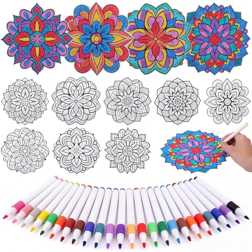 Potchen 48 Pcs Stained Glass Mandala Art Kit DIY Window Clings with Markers Color Your Own Suncatchers for Adults Hobby Teens Women Elderly Home Decor Gift (Floral)