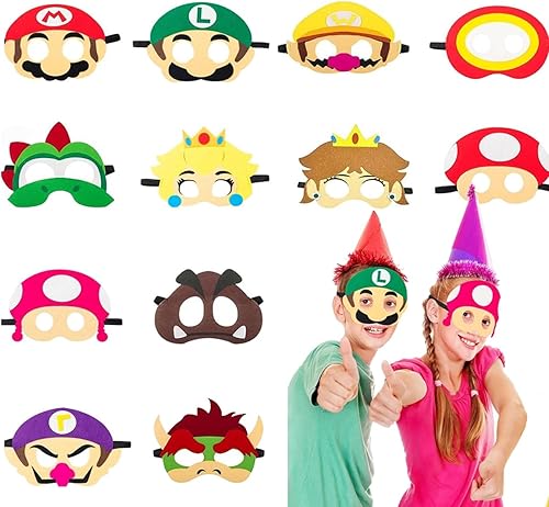 Juego de máscaras de fieltro de 12 piezas, recuerdos perfectos de fiesta de Mario y accesorios de cabina de fotos para fiestas de cumpleaños de