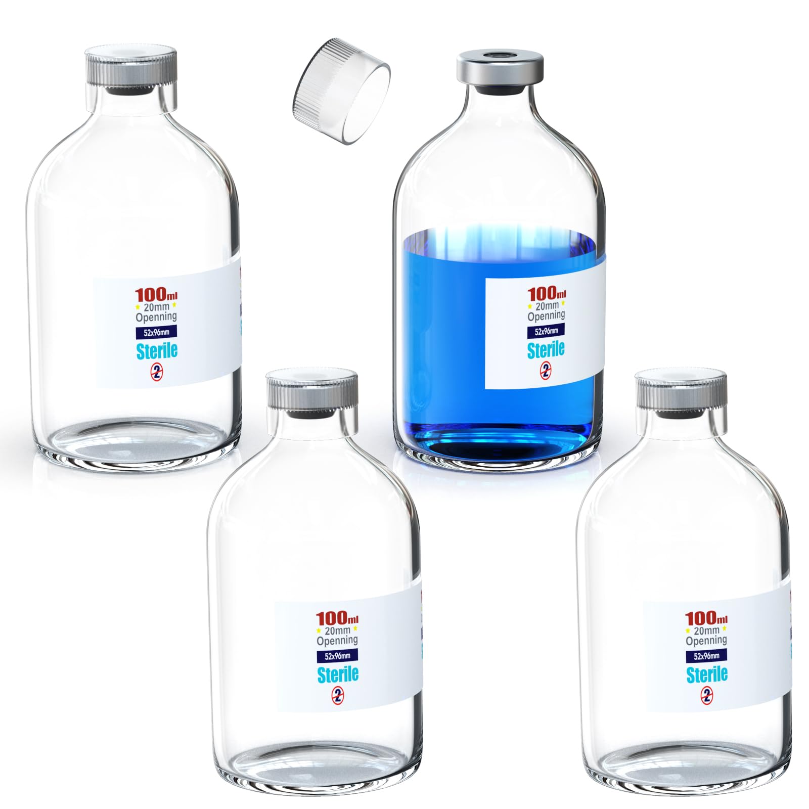 Biomed SolutionsSterile Empty Vial with Reusable Plastic Cap,Ready to Fill Glass Containers, Liquid Injection Bottle Sealed with Self Healing Injection Port (100ml Clear 4pcs)