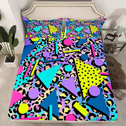 Retro 80S 90S Fitted Sheet Twin,Abstract Geometric Bedding Sets Urban Modern Circles And Triangle Bed Sheets Colorful Pop Art Inspired Pattern Bedding Decor Set Mens Hipster Hip-Hop Room Decor #TOP25