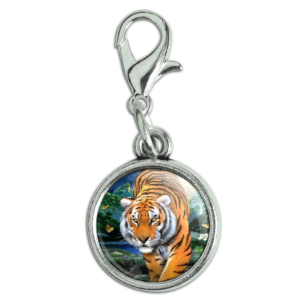 GRAPHICS & MORE Tiger Stalking at Sunset Butterflies Antiqued Bracelet Pendant Zipper Pull Charm with Lobster Clasp
