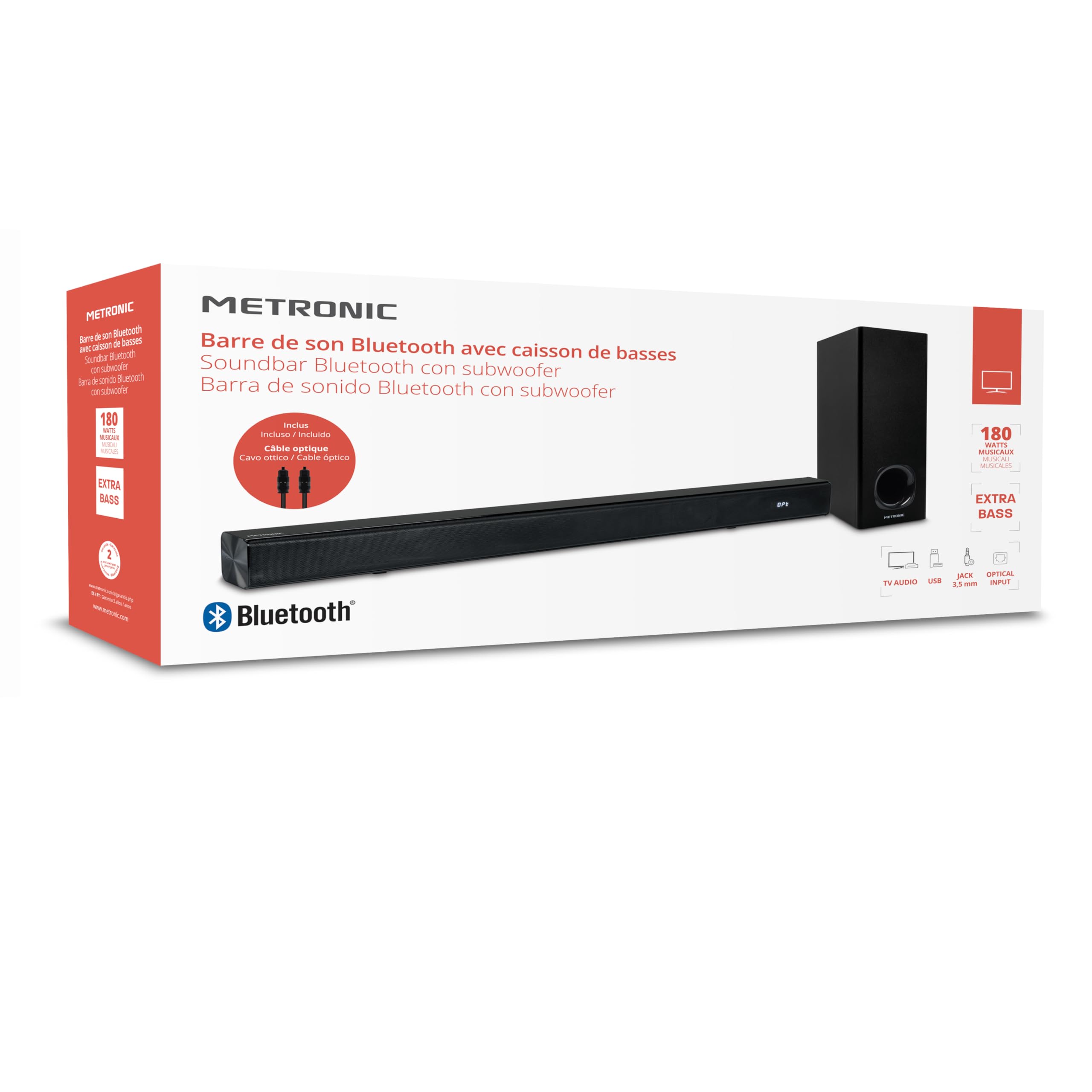 Metronic 477592 - Barra de Sonido Bluetooth v5.3 con subwoofer con Cable, para PC o TV, 180W, Estereo 2.1, Tomas Audio TV, USB, AUX, óptica, Montaje Mural, Mando a Distancia