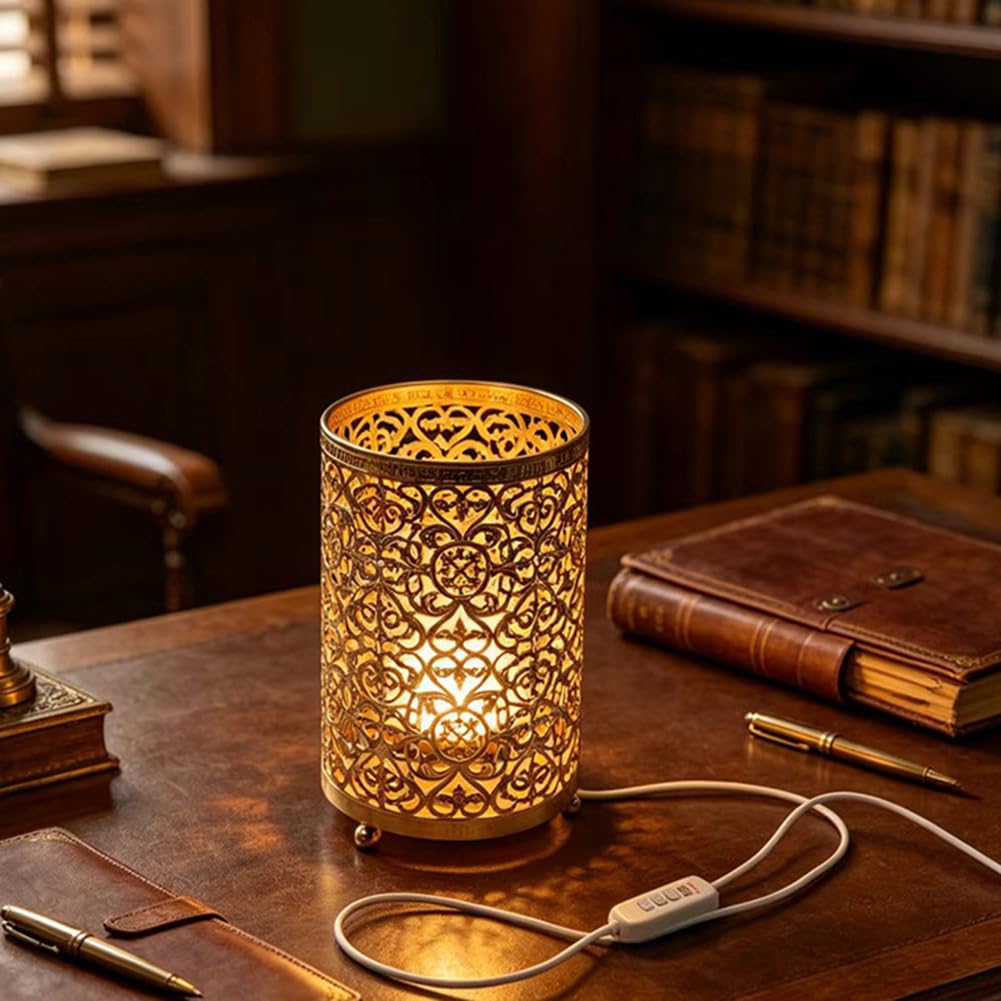Lampa stołowa w stylu retro, z wtyczką USB, kablem i przełącznikiem, z regulacją jasności, okrągła, metalowa, aluminiowa, do salonu, z ażurowym, grawerowanym wzorem, lampa nocna do salonu