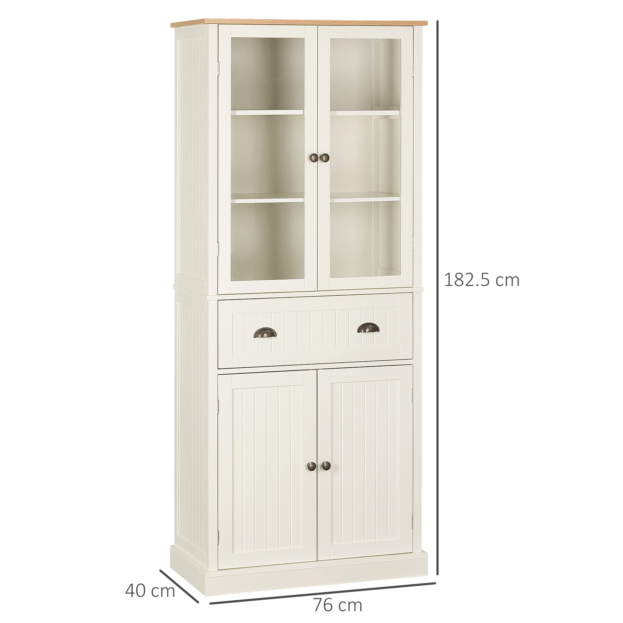 HOMCOM Mobile Dispensa a 5 Livelli con Cassetto Centrale, Dispensa per Cucina, Sala da Pranzo e Soggiorno con Ripiani Regolabili e Ante in Vetro Temperato, 76x40x182.5 cm, Bianco Crema