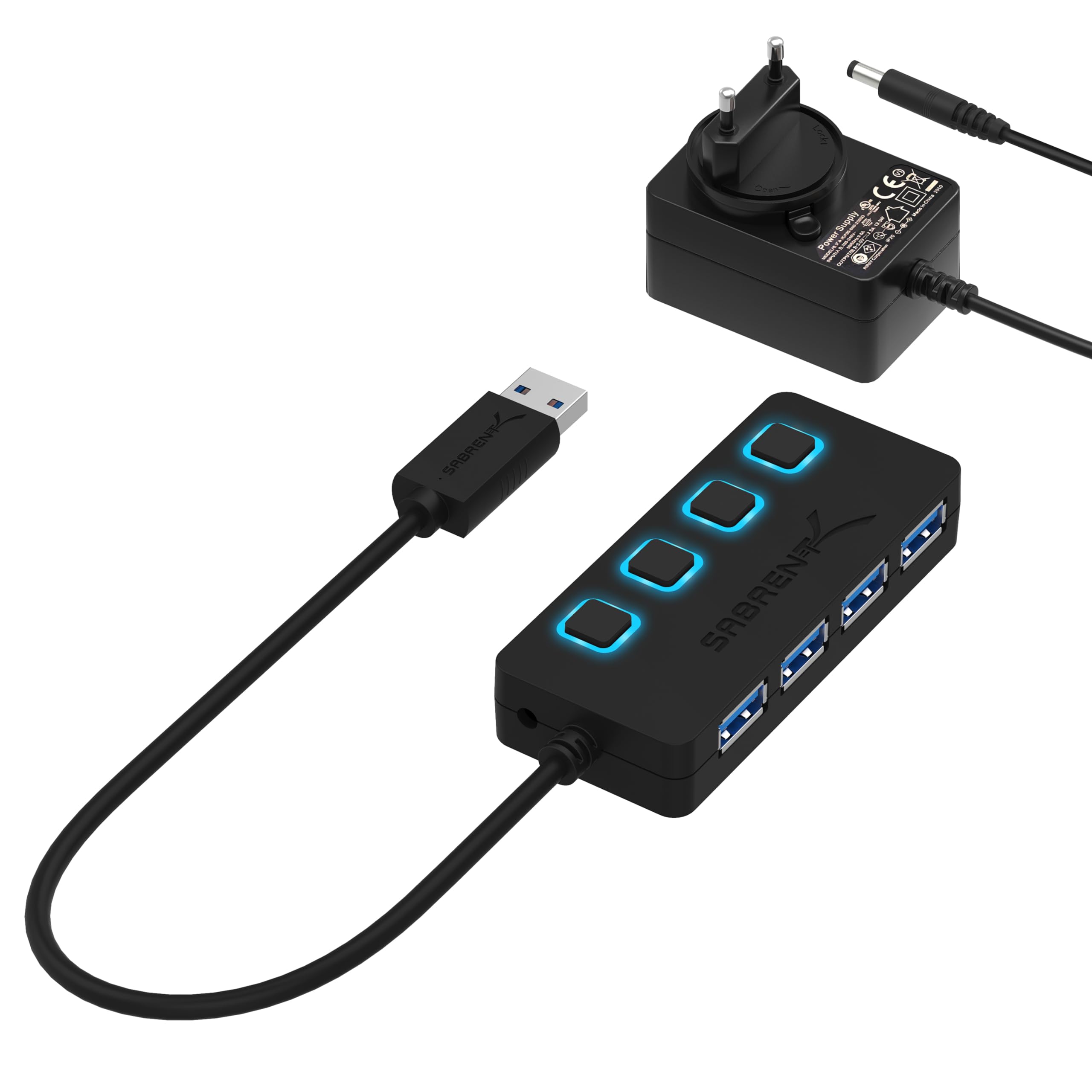 SABRENT Hub USB 3.2 Gen 1 [4 porte], Ciabatta Multipresa USB, Sdoppiatore USB, Singoli Interruttori ON/OFF e Spie LED con Alimentatore, per PS4/PS5, PC, Laptop, Chiavetta USB (HB-UMP3)