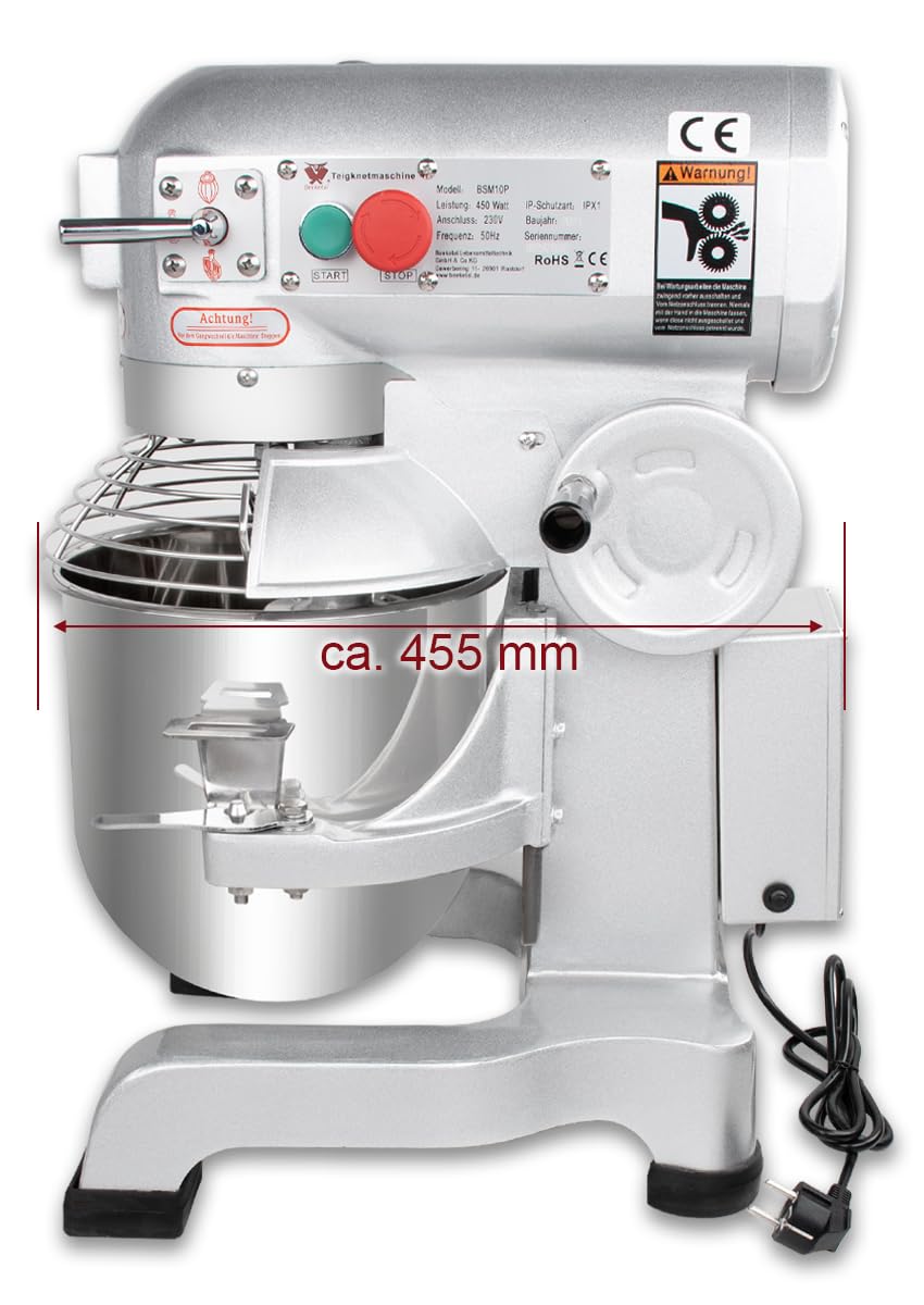 Beeketal 'BSM10P' Profi Teigknetmaschine mit Planetenrührwerk 10 Liter Kapazität (3 Stufen 105, 170, 340 U/min), Knetmaschine inkl. Knethaken, Schneebesen und Flachrührer - silber lackiert