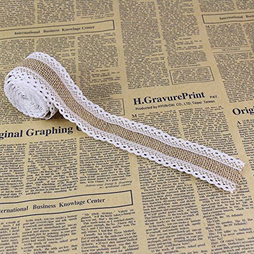 4 Roll Natural Hessian Burlap Craft Ribbon Roll with White Lace 2.5cm x 2m for DIY Handmade Wedding Crafts Decorations Lace Linen Gift Wrap Floral Arrangements