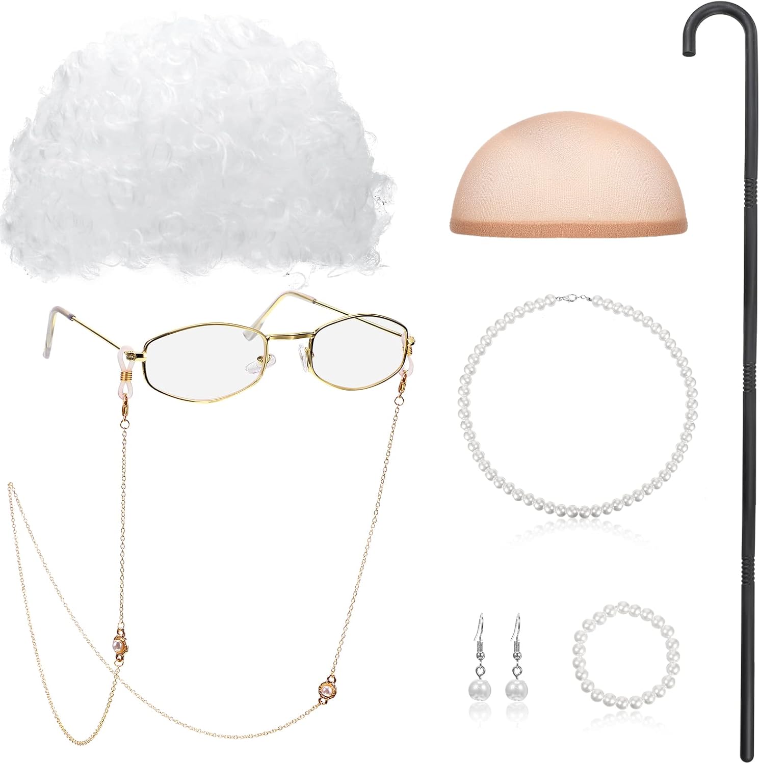BBTO Old Lady Cosplay Set Grandma Gray Wig for Women Walking Cane Glasses Chain Cords Faux Pearl Bead Necklace White Curly Wig
