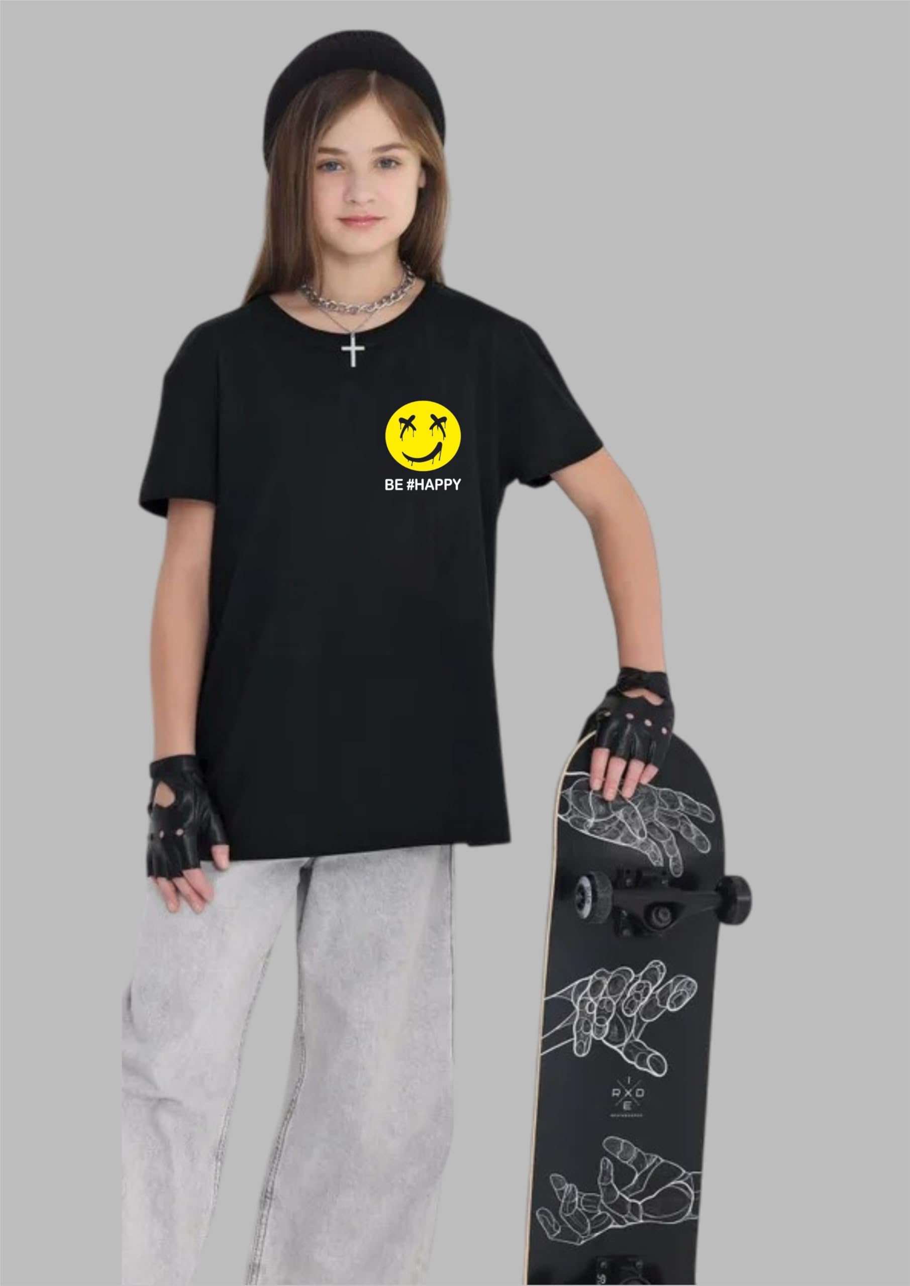 Uniplanet Store t-shirt bambina cotone mezza manica vestibilità normale nero happy emoji